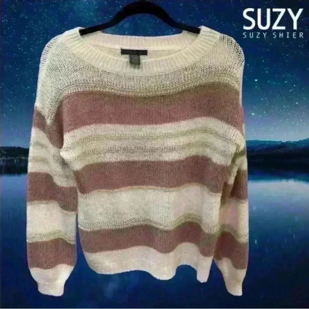 Suzy Shier Pink and White Striped Crew Neck Sweater - Picture 5 of 9